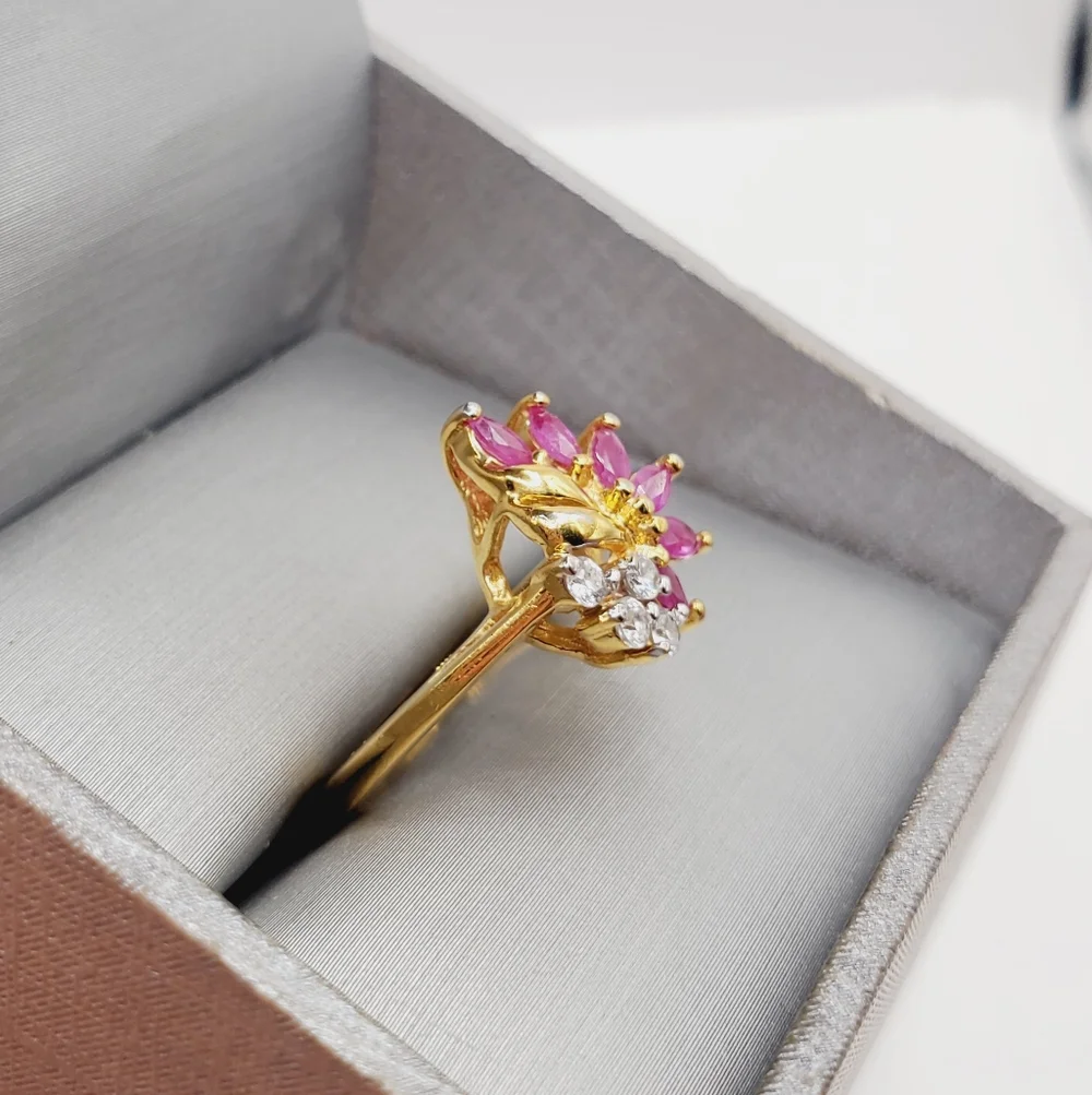 Genuine Marquise Pink Ruby - Simulated Diamonds - 18k Yellow Gold Plated Ring